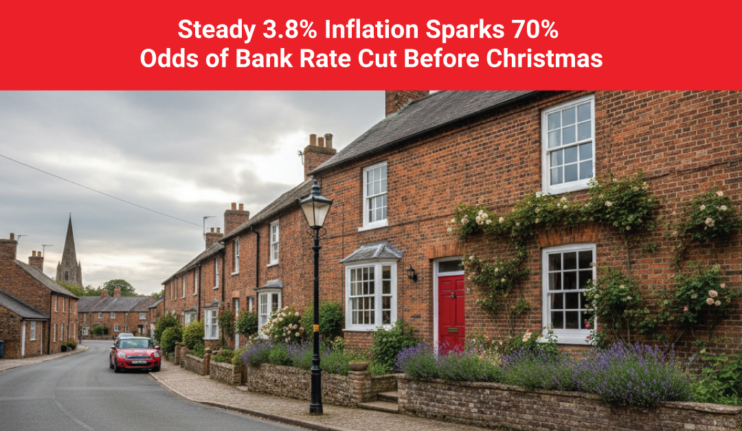 Bank of England building with traders anticipating a potential Christmas rate cut amid steady UK inflation