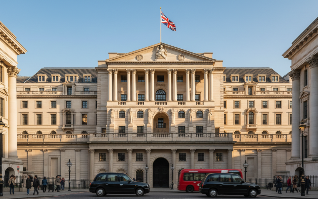 Hand stacking coins with the Bank of England in background, symbolizing interest rate decisions and UK financial impact.