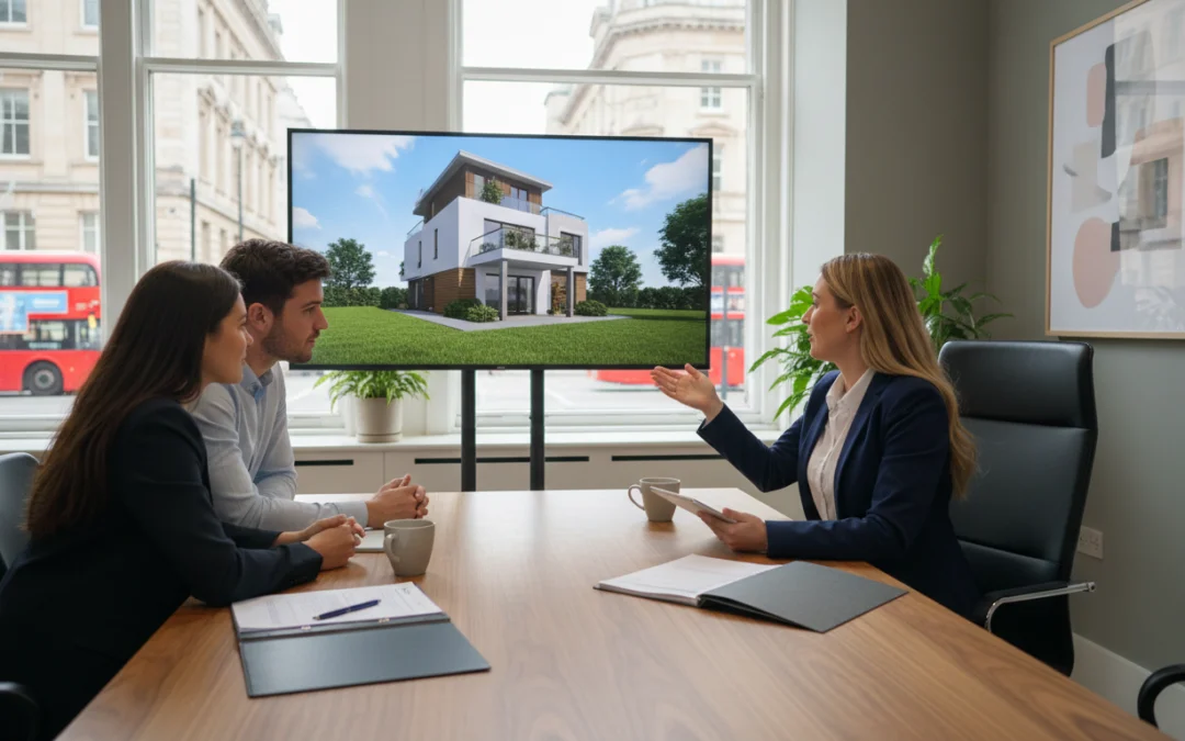 High earning couple reviewing mortgage options with a digital graph